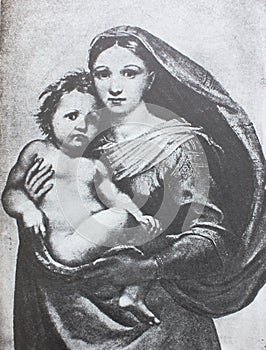 TheÃÂ Sistine Madonna by Raphael Sanzio in the vintage book One hundred masterpieces of art by O.I. Bulgakov, 1903 photo